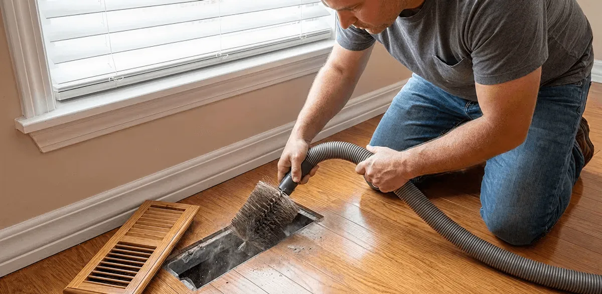 Air duct cleaning technician vacuuming a floor vent and duct opening in Las Vegas, NV