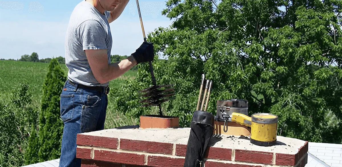 Chimney cleaning technician working on a rooftop chimney with professional tools in Las Vegas, NV