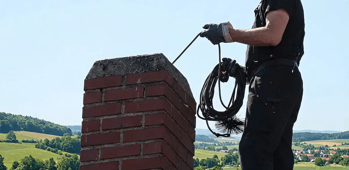 Chimney sweep inspecting and cleaning a rooftop chimney in Las Vegas, NV