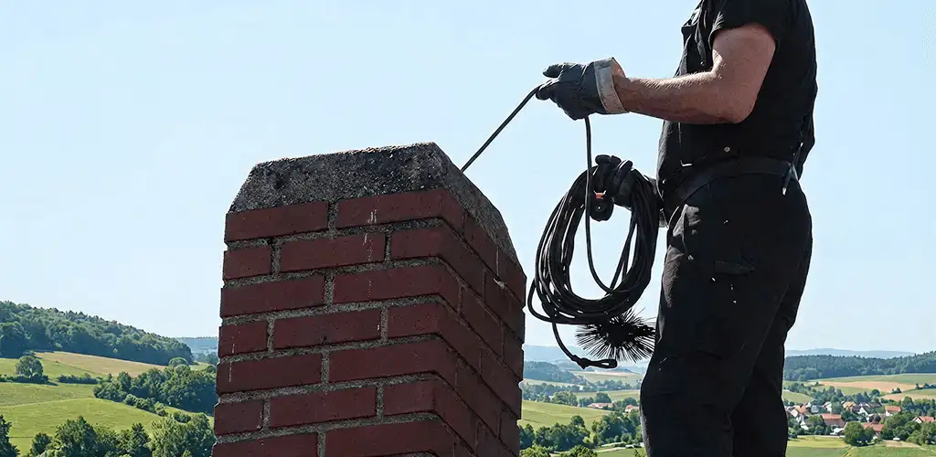 Chimney sweep inspecting and cleaning a rooftop chimney in Las Vegas, NV
