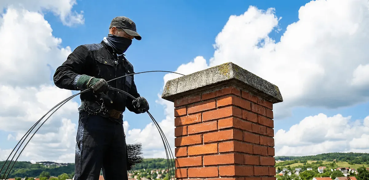 Chimney sweep cleaning a brick chimney with professional tools in Las Vegas, NV