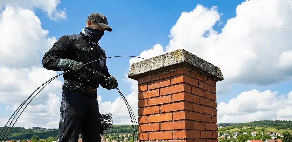 Chimney sweep cleaning a brick chimney with professional tools in Las Vegas, NV