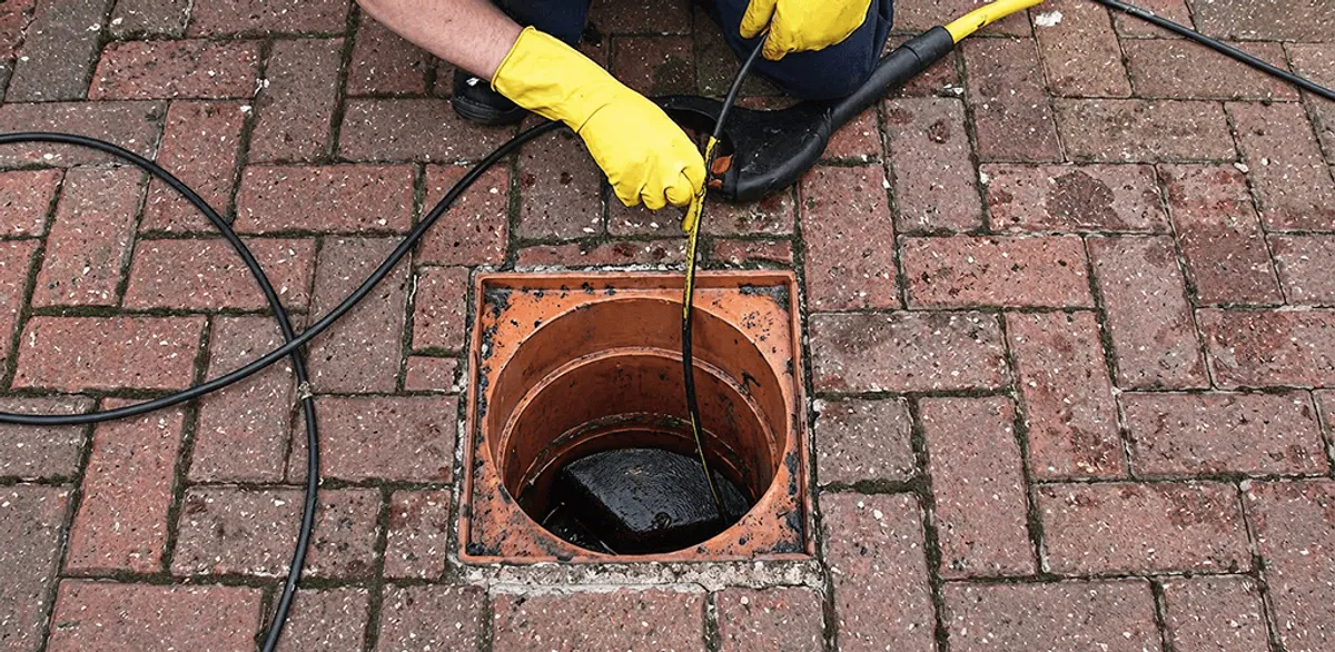 Drain cleaning technician using a drain snake to clear a clogged drain in Las Vegas, NV