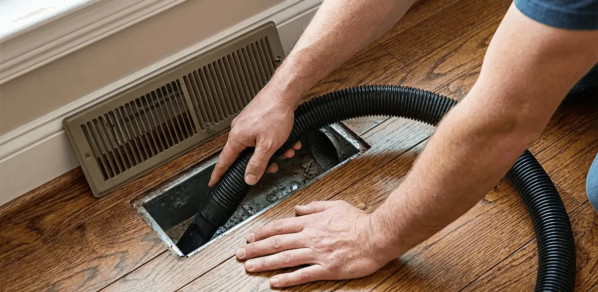 Air duct cleaning technician vacuuming a floor register and duct opening in Las Vegas, NV