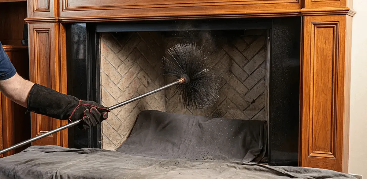Chimney cleaning service brushing soot from a fireplace and flue in Las Vegas, NV