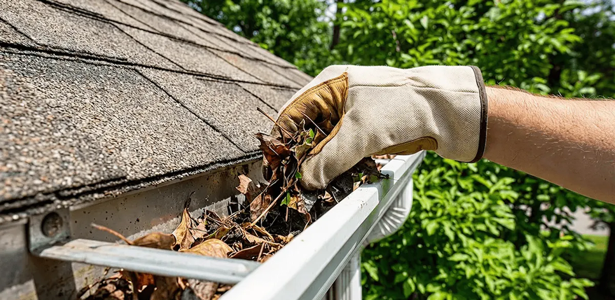 Gutter cleaning removing leaves and debris from roof gutters in Las Vegas, NV