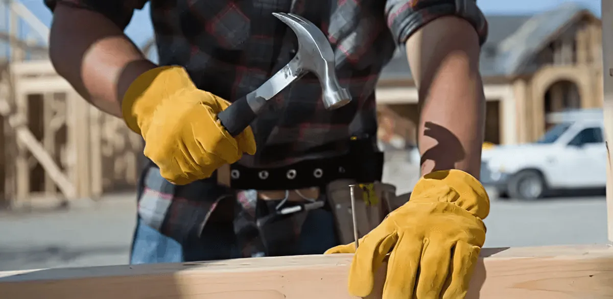 Handyman fixing wood trim with a hammer for home repairs in Las Vegas, NV