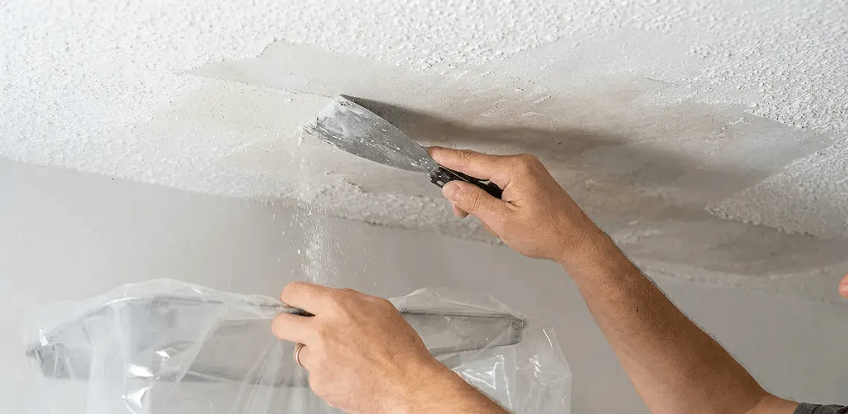 Popcorn ceiling removal technician scraping texture from a ceiling in Las Vegas, NV