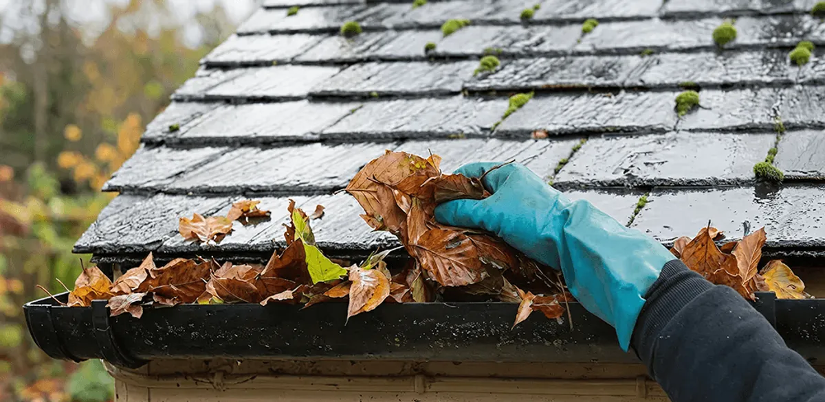 Gutter cleaning technician clearing wet leaves from roof gutters in Las Vegas, NV