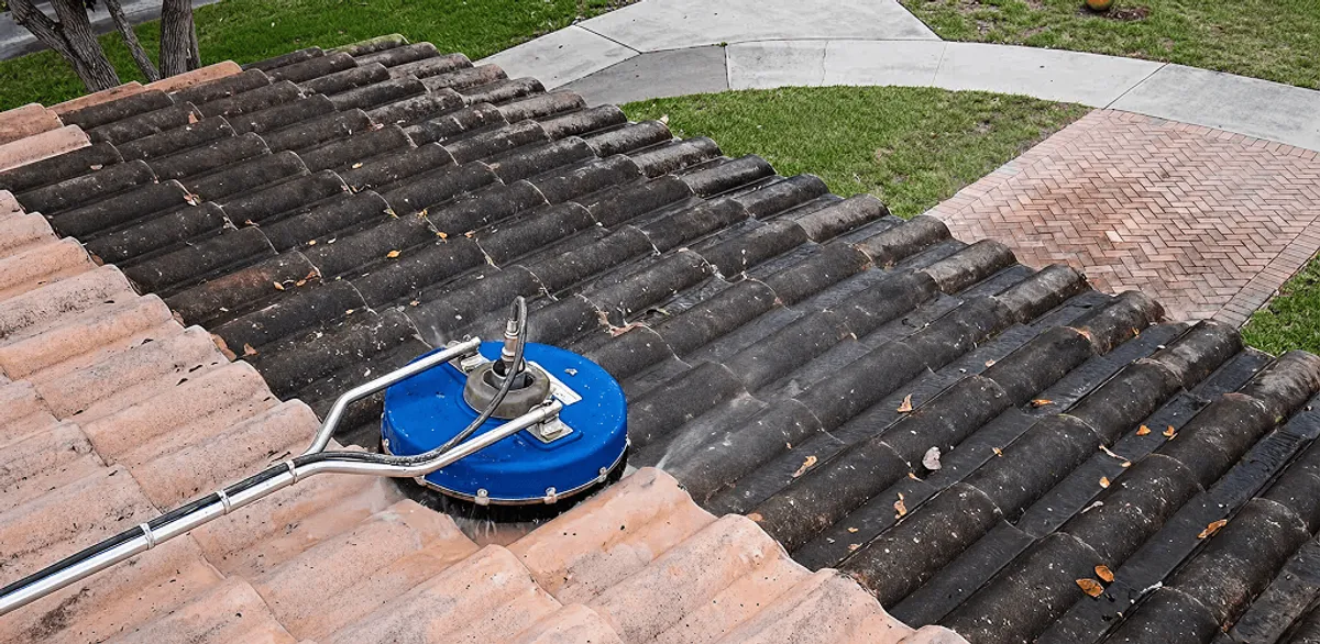 Roof pressure cleaning removing debris and buildup from roof tiles in Las Vegas, NV