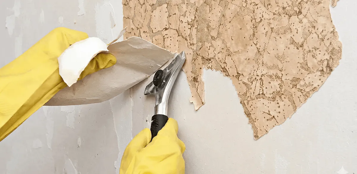 Wallpaper removal service stripping old wallpaper from a wall in Las Vegas, NV