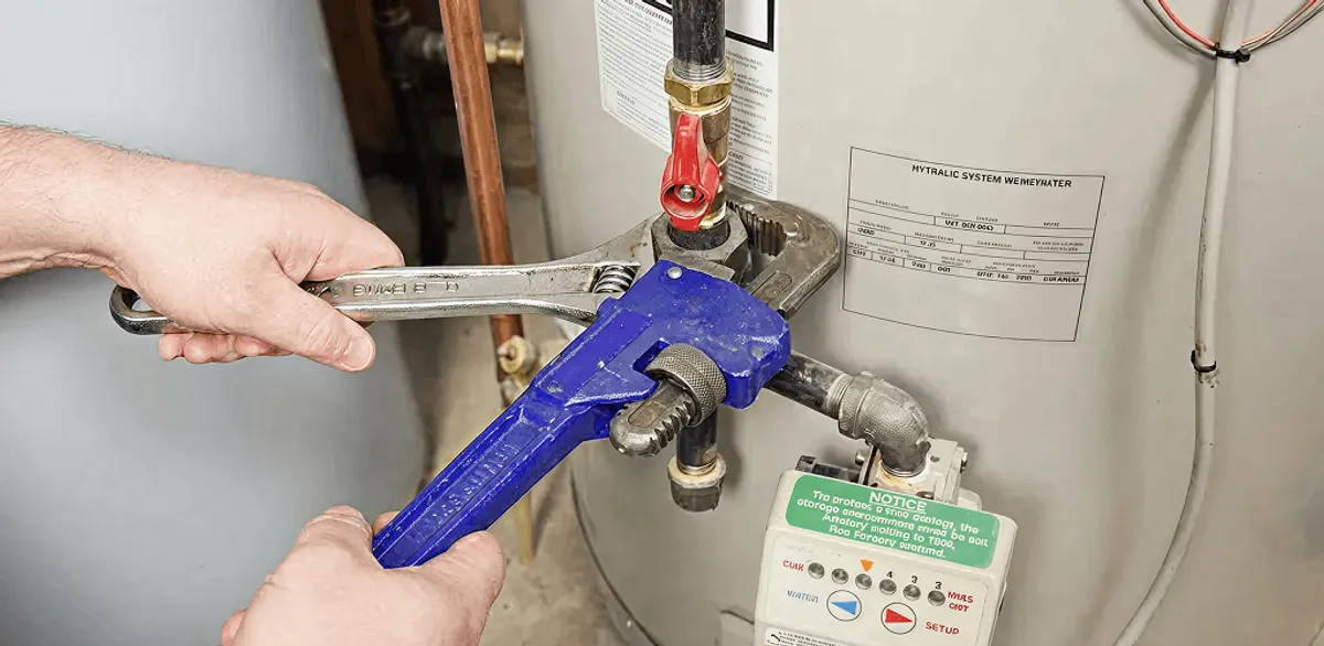 Water heater repair technician tightening the shutoff valve and supply line in Las Vegas, NV