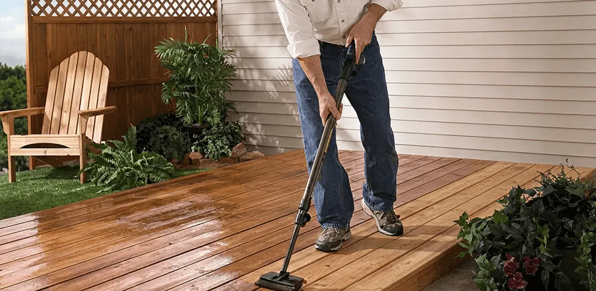 Deck staining service applying stain to a backyard wood deck in Las Vegas, NV
